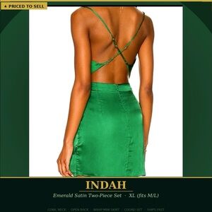 INDAH Emerald Satin Cowl Neck Crop Top + Wrap Mini Skirt Set | XL fits M/L